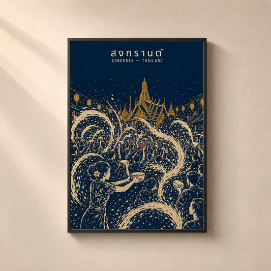 Songkran, affiche du nouvel an thaï, gravure du festival de l'eau, déco murale Thaïlande