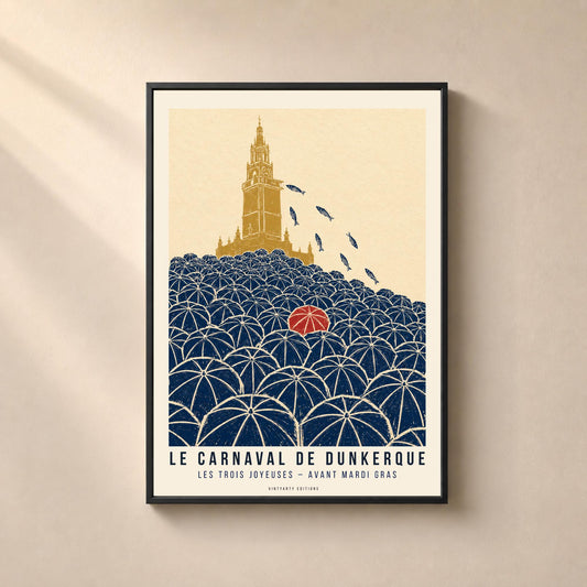 Le carnaval de Dunkerque, affiche des parapluies et du jet de harengs, linogravure bleu et crème