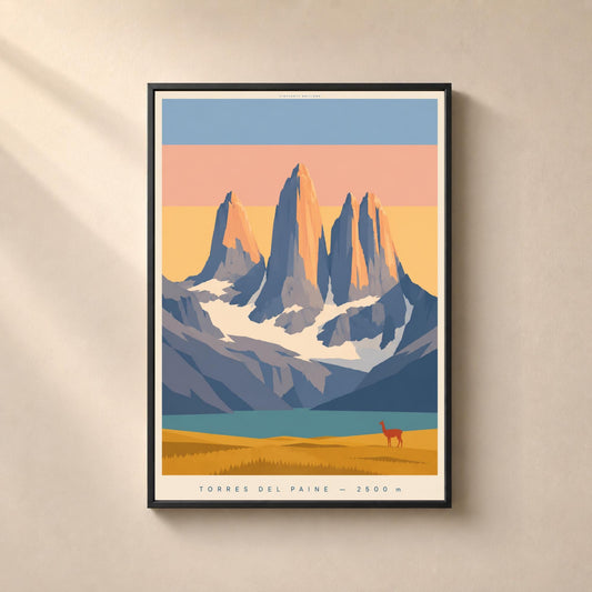 Affiche Torres del Paine 2500 m, Patagonie, affiche montagne vintage, Chili