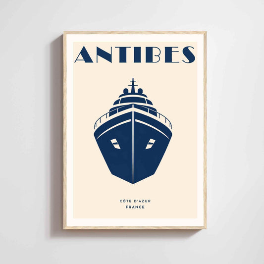 Antibes, affiche de la proue de yacht, graphique bleu marine et crème, déco murale Côte d'Azur