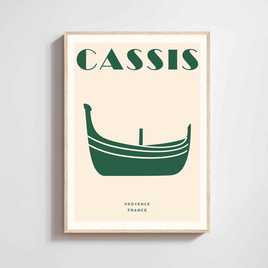 Cassis, affiche de la barquette provençale, graphique vert et crème, déco murale Provence