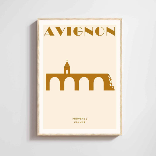 Le pont d'Avignon, affiche art déco ocre et crème, déco murale Provence et Sud de la France