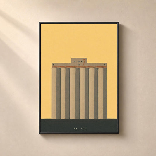 Silo à grains, affiche industrielle agricole, illustration minimaliste béton sur fond jaune blé