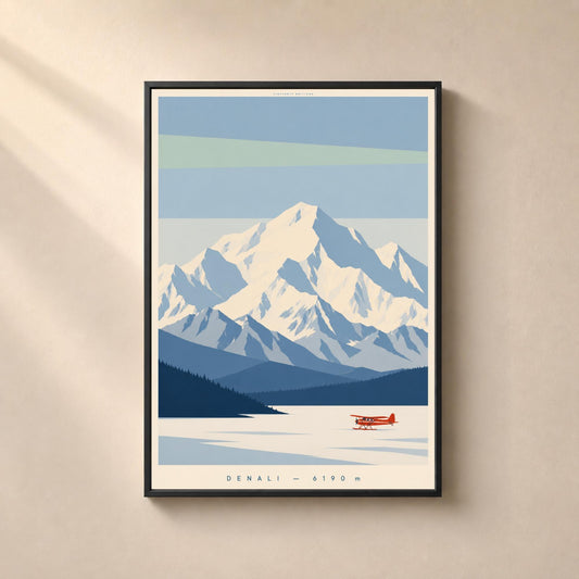 Affiche Denali 6190 m, Alaska, affiche montagne vintage, paysage alpin minimaliste