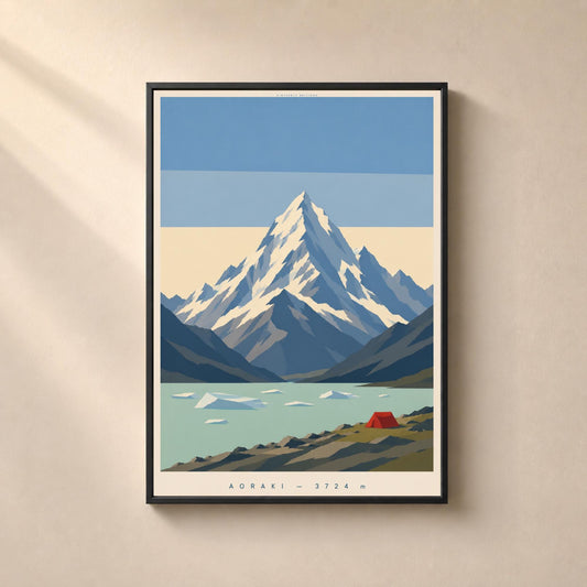 Affiche Aoraki Mount Cook 3724 m, Nouvelle-Zélande, affiche montagne vintage