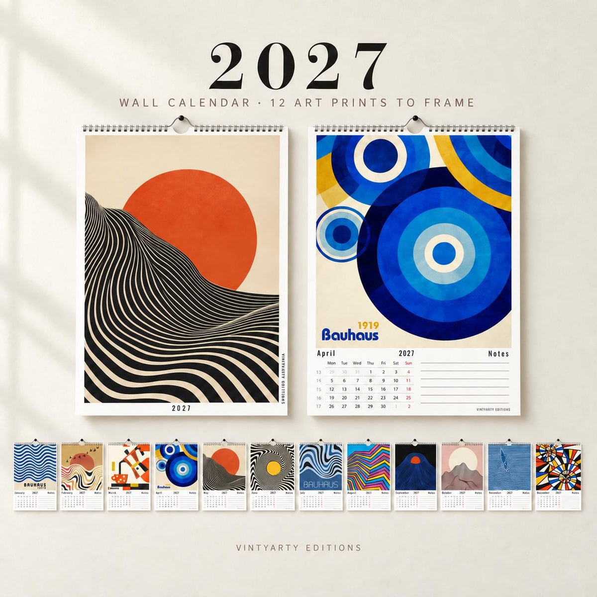 2027 Bauhaus Op Art wall calendar, cover and April page, with a preview of all 12 illustrated months