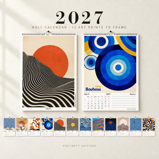 2027 Bauhaus Op Art wall calendar, cover and April page, with a preview of all 12 illustrated months