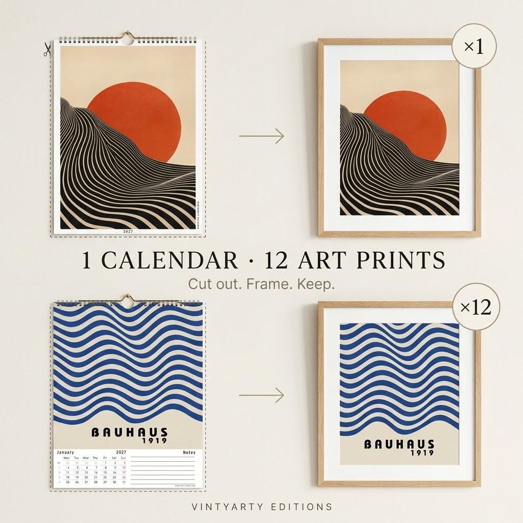 2027 Bauhaus calendar pages cut out and turned into art prints in light oak frames