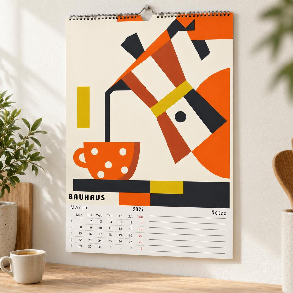 March page of the 2027 Bauhaus calendar, orange geometric coffee pot, hanging in a kitchen