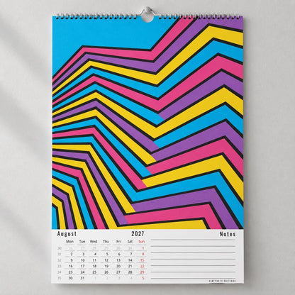 August page of the 2027 wall calendar, zigzag Op Art pattern in pink, blue, yellow and purple