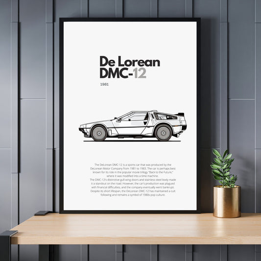 Affiche De Lorean DMC-12 | Art mural | Affiche voiture vintage | Affiche noir et blanc