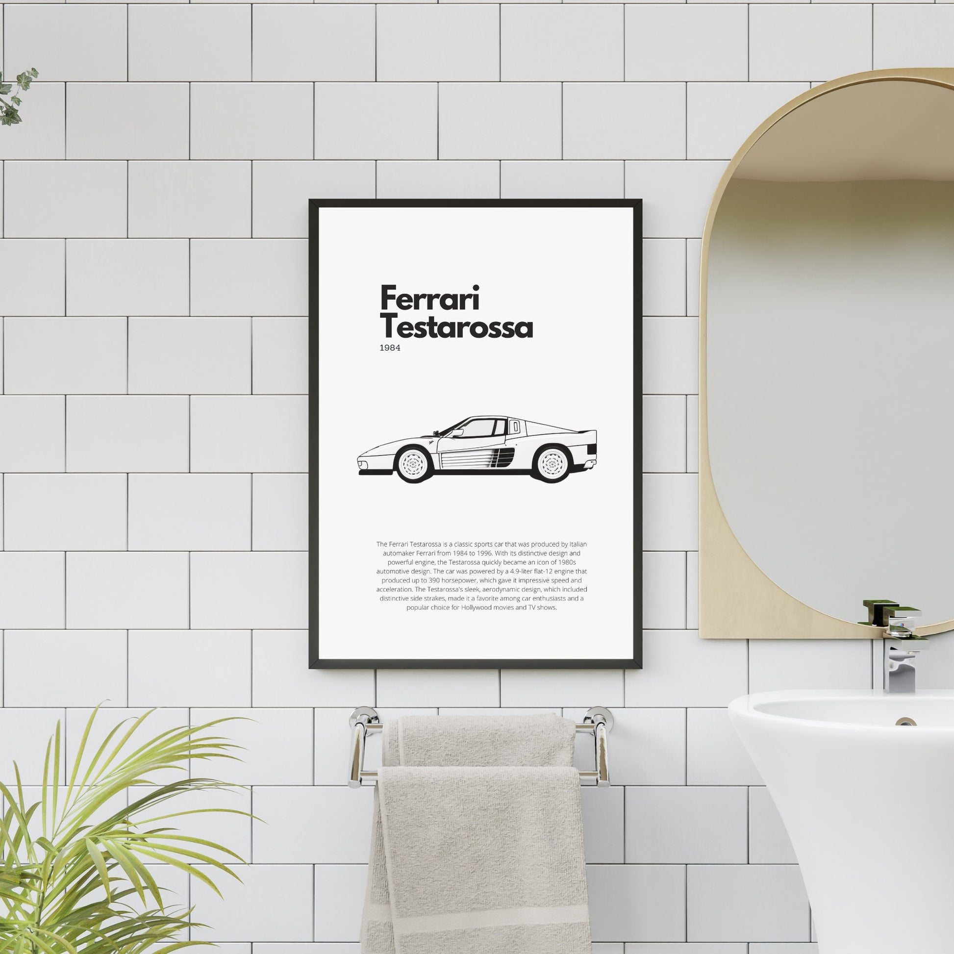 Affiche Ferrari Testarossa | Art mural | Affiche voiture vintage | Affiche noir et blanc