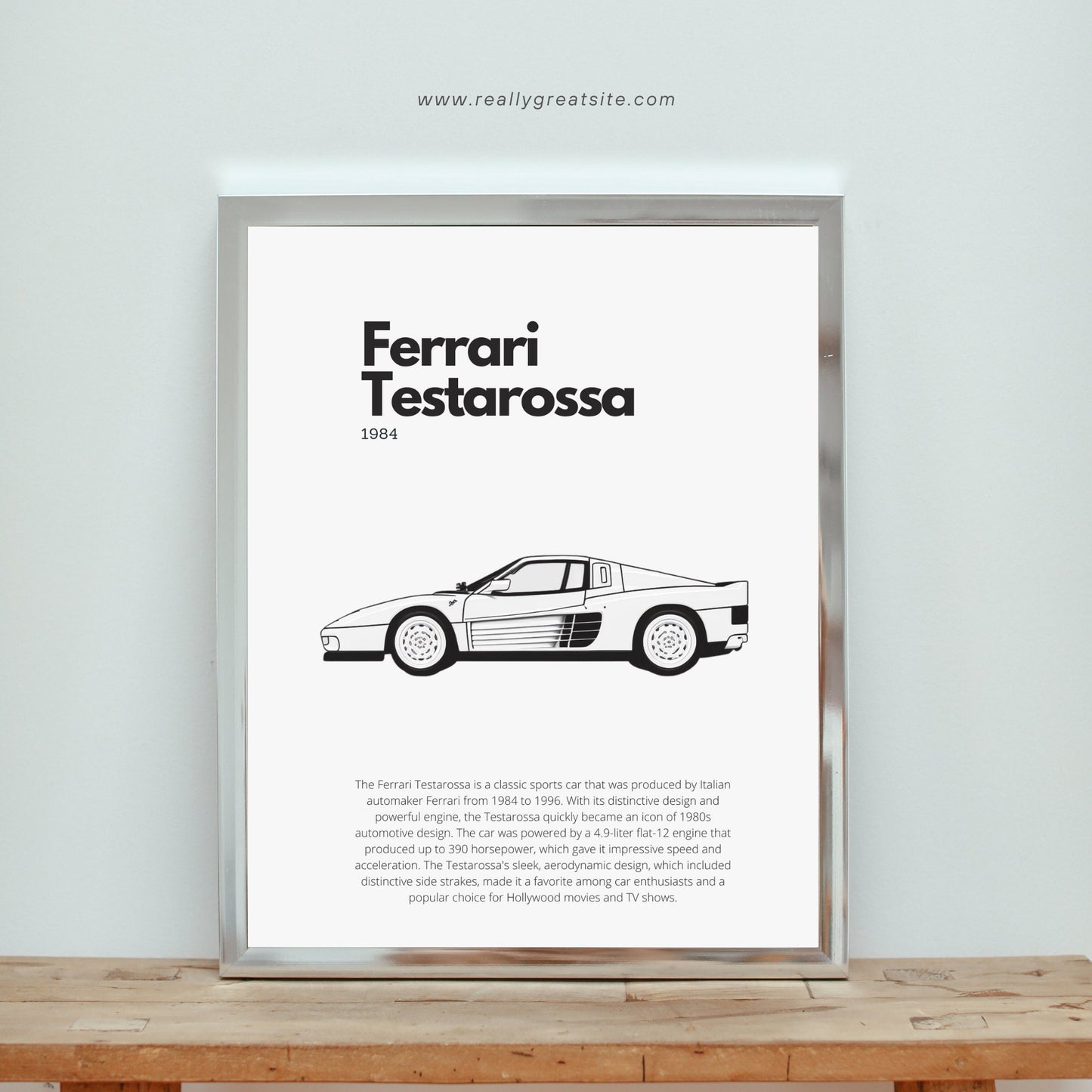 Affiche Ferrari Testarossa | Art mural | Affiche voiture vintage | Affiche noir et blanc