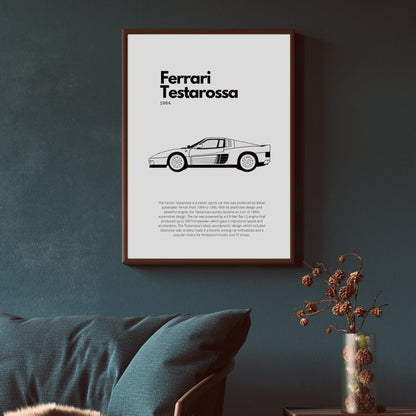 Affiche Ferrari Testarossa | Art mural | Affiche voiture vintage | Affiche noir et blanc