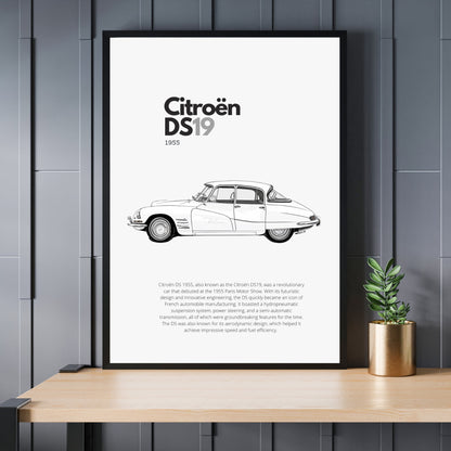 Affiche Citroën DS19 | Art mural | Affiche voiture vintage | Affiche noir et blanc