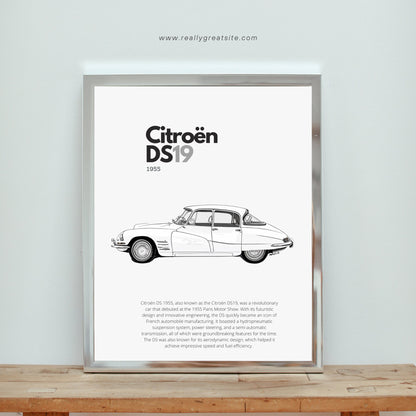 Affiche Citroën DS19 | Art mural | Affiche voiture vintage | Affiche noir et blanc