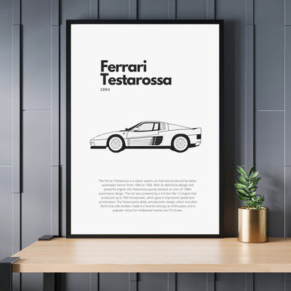 Affiche Ferrari Testarossa | Art mural | Affiche voiture vintage | Affiche noir et blanc