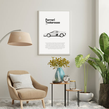 Affiche Ferrari Testarossa | Art mural | Affiche voiture vintage | Affiche noir et blanc