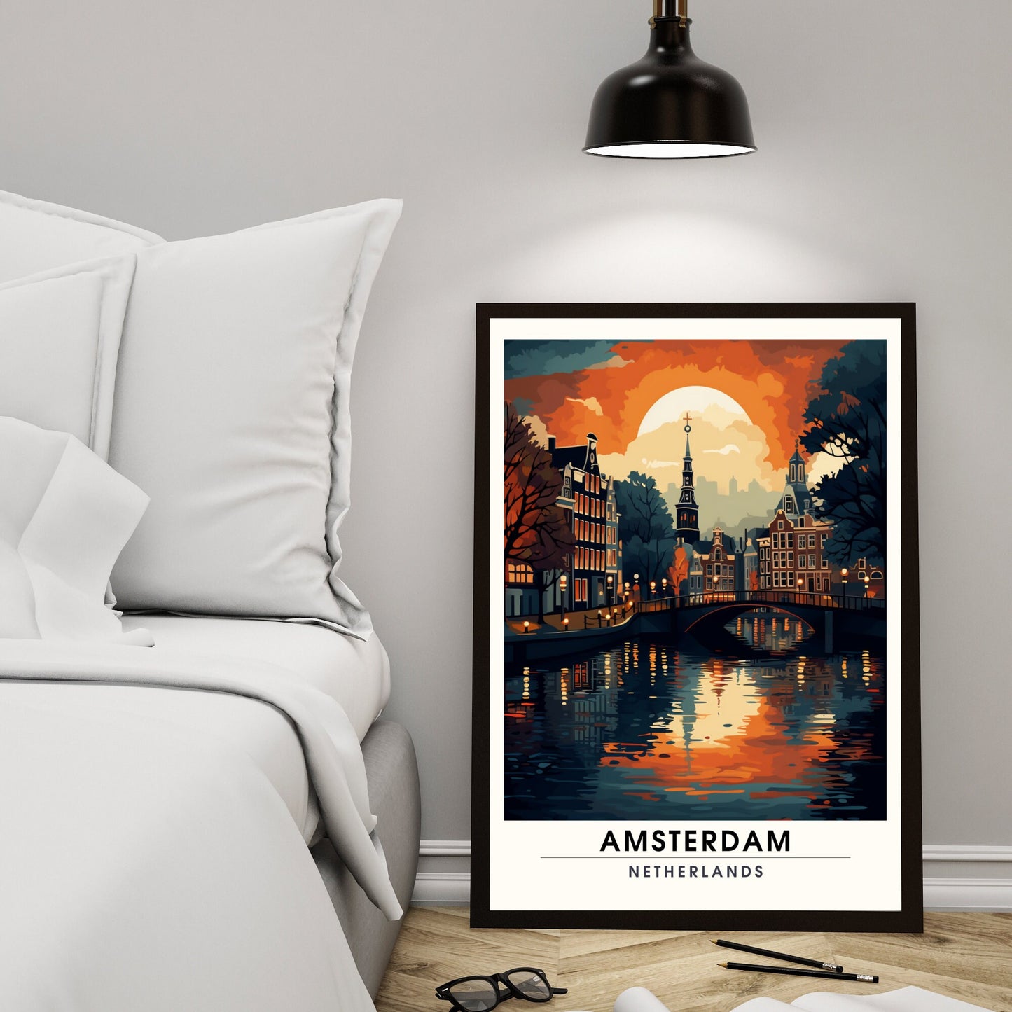 Impression Amsterdam | Poster de voyage Amsterdam | Amsterdam au couché de soleil