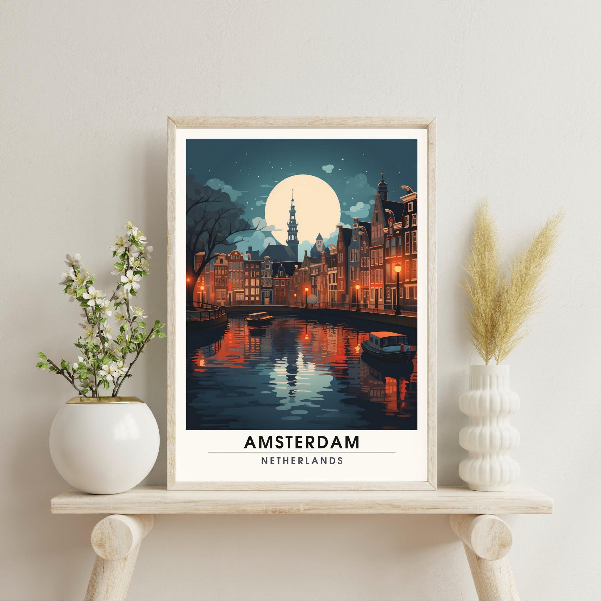 Impression Amsterdam | Poster de voyage Amsterdam | Voyage nocturne à Amsterdam