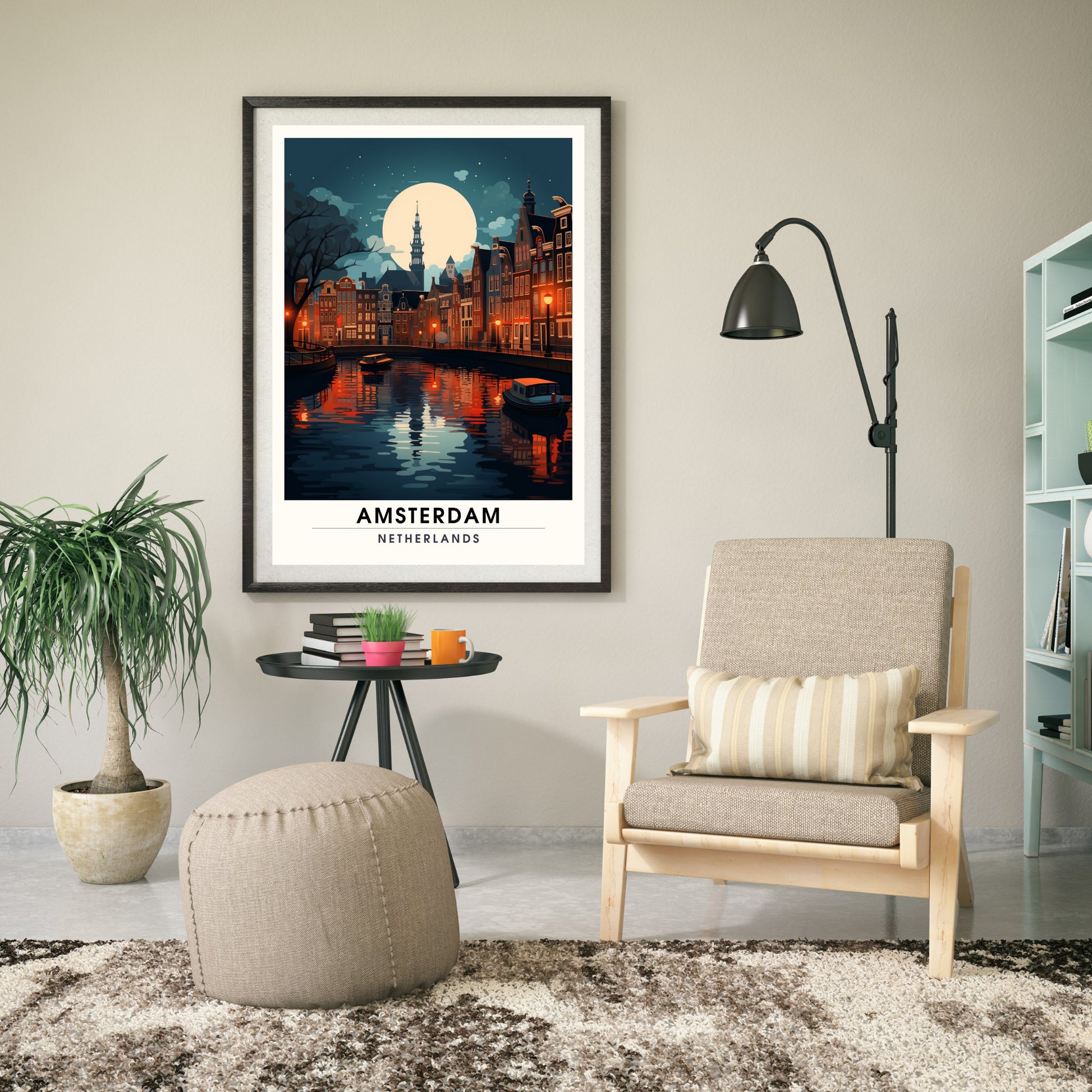 Impression Amsterdam | Poster de voyage Amsterdam | Voyage nocturne à Amsterdam