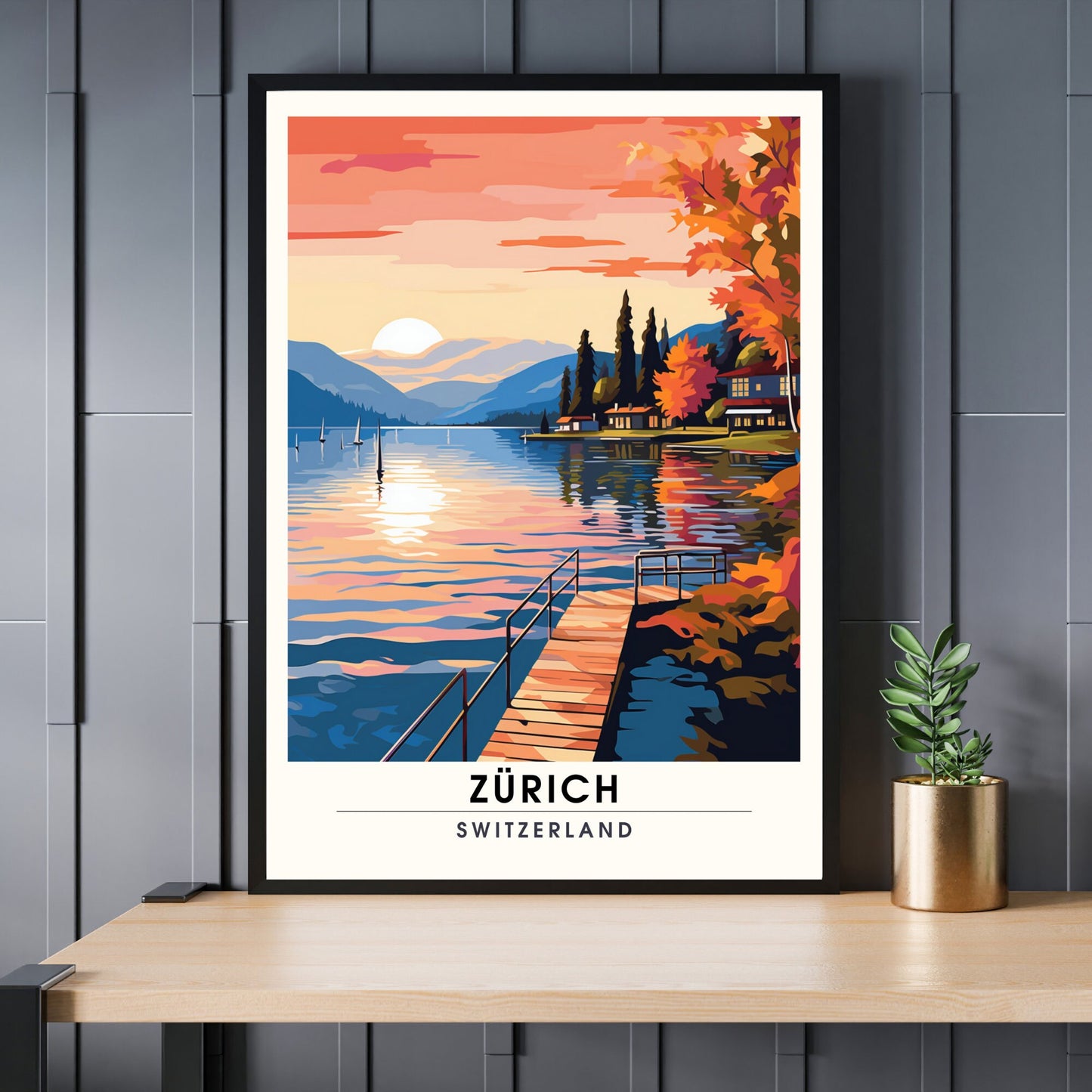 Impression Zurich , poster de voyage Zurich au coucher de soleil