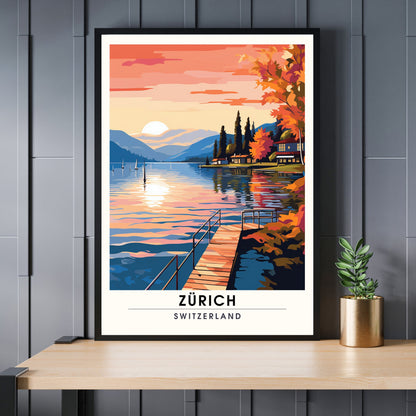 Impression Zurich , poster de voyage Zurich au coucher de soleil