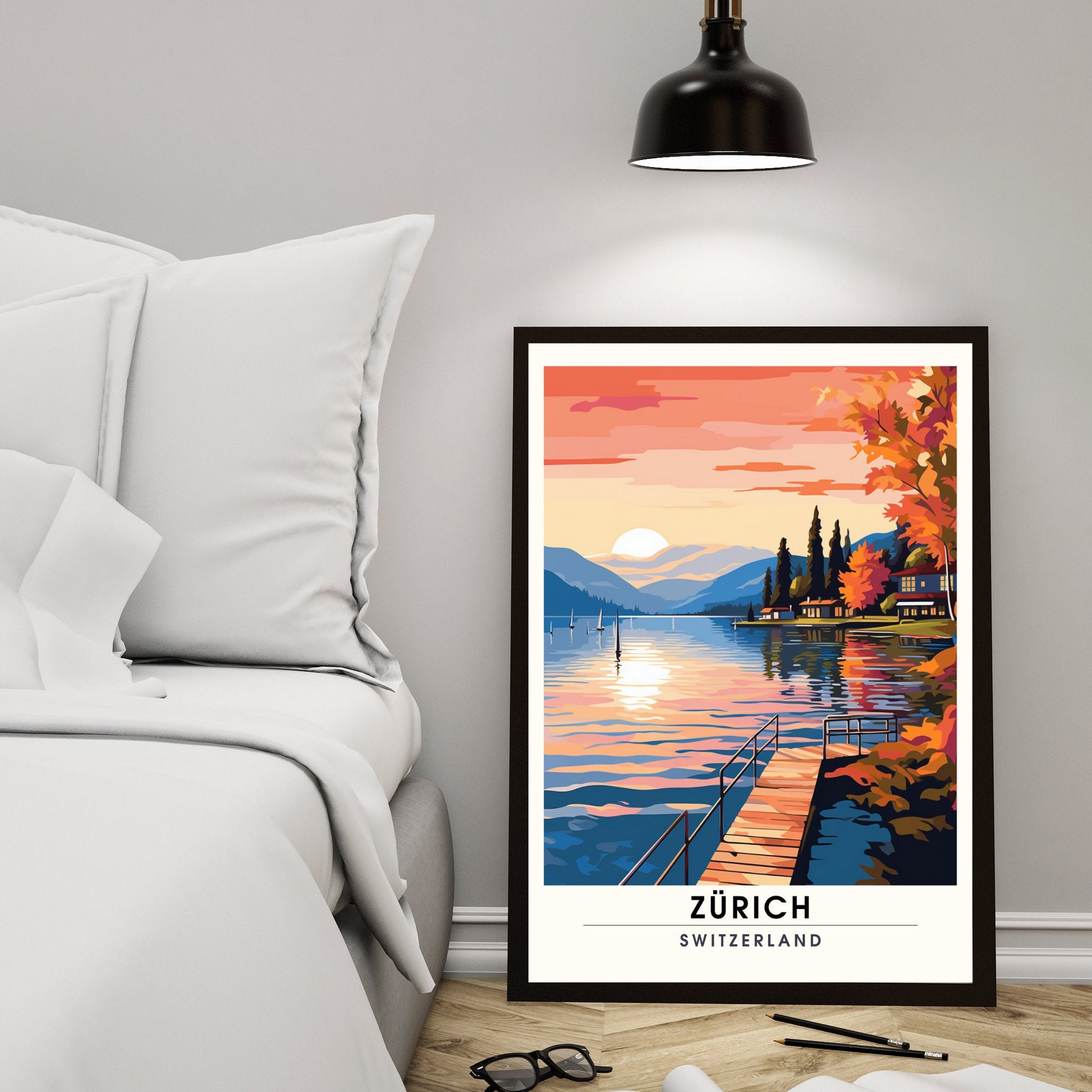 Impression Zurich , poster de voyage Zurich au coucher de soleil