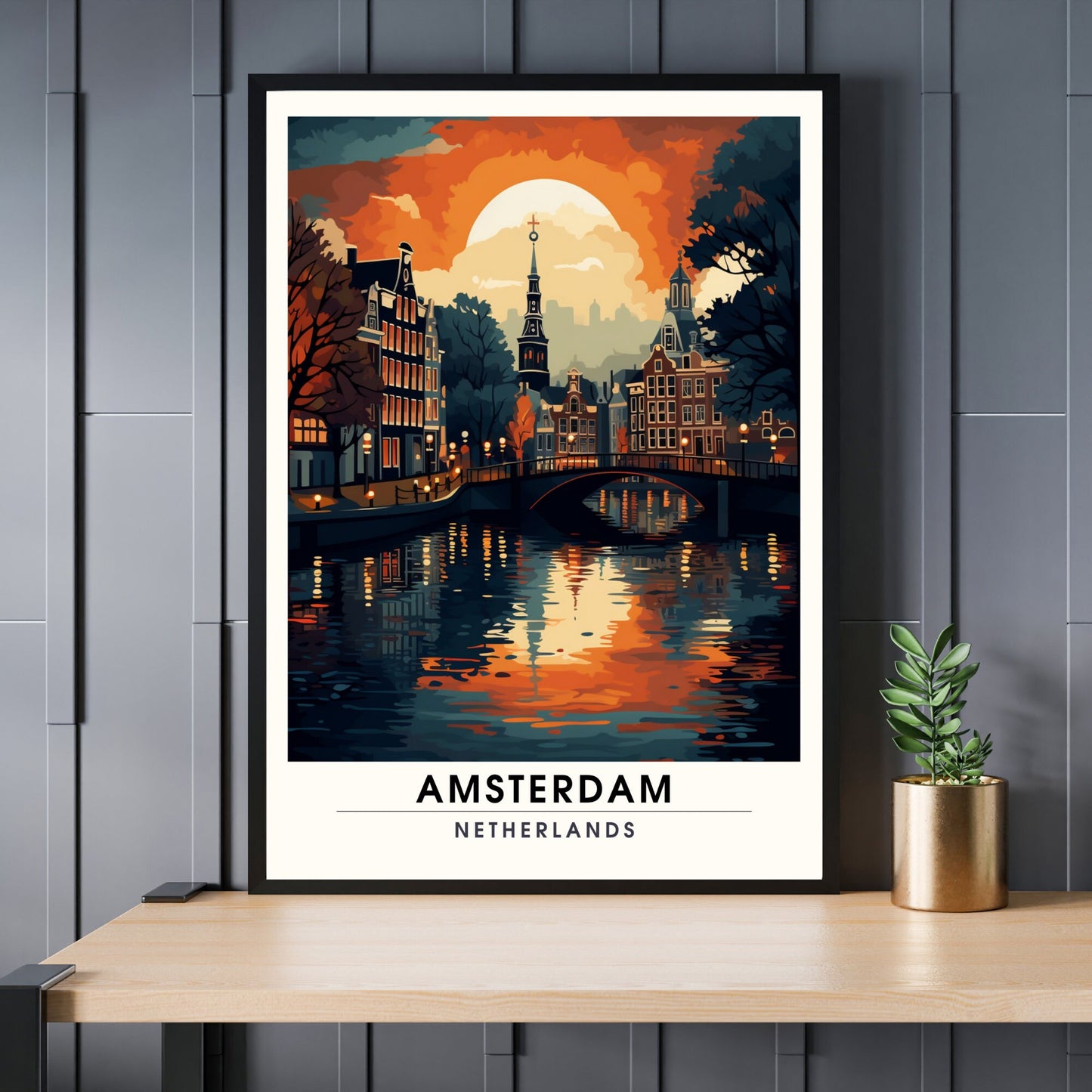 Impression Amsterdam | Poster de voyage Amsterdam | Amsterdam au couché de soleil