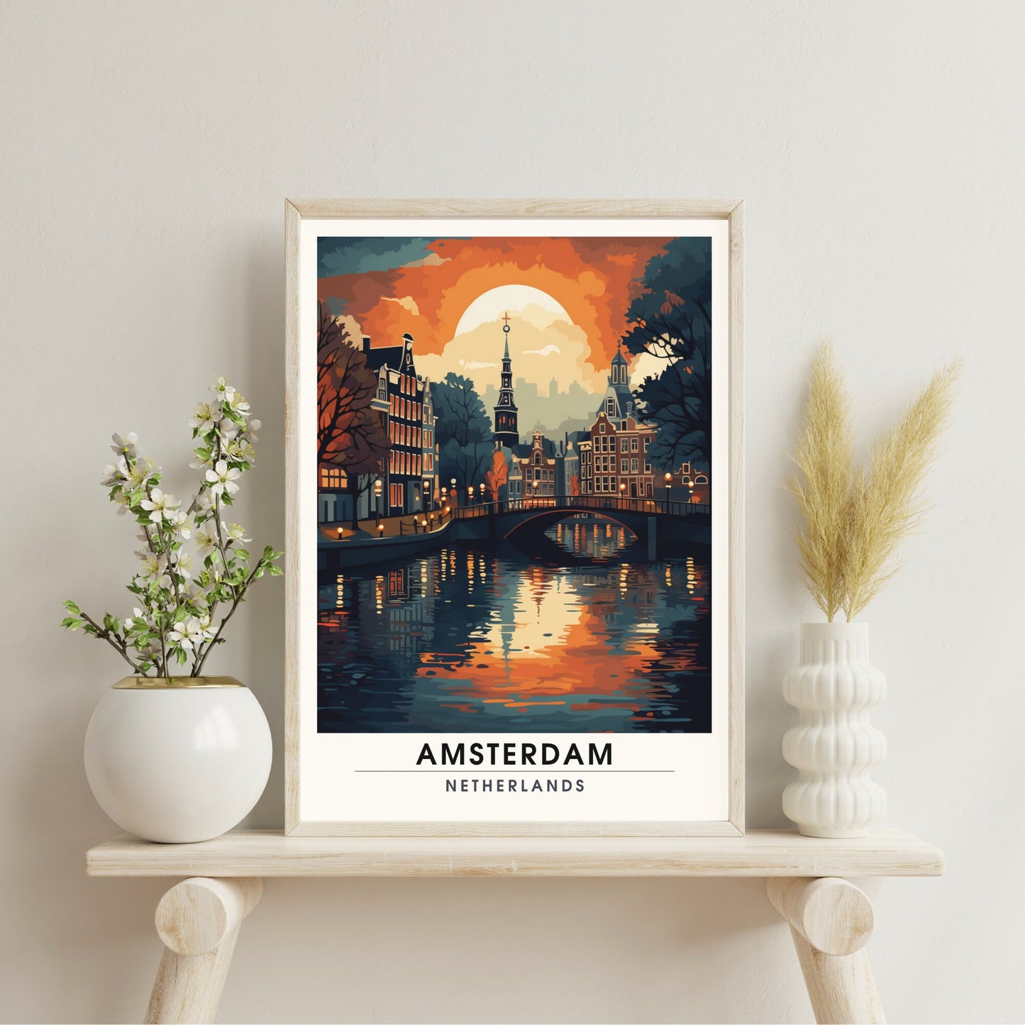 Impression Amsterdam | Poster de voyage Amsterdam | Amsterdam au couché de soleil