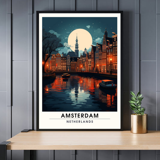 Impression Amsterdam | Poster de voyage Amsterdam | Voyage nocturne à Amsterdam