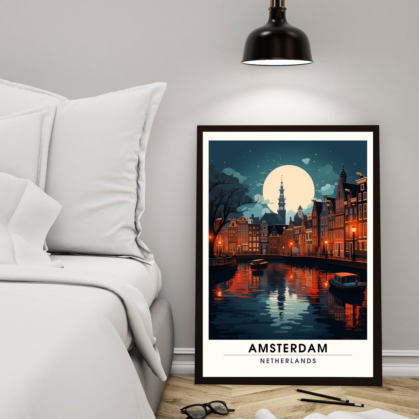 Impression Amsterdam | Poster de voyage Amsterdam | Voyage nocturne à Amsterdam