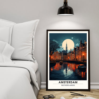 Impression Amsterdam | Poster de voyage Amsterdam | Voyage nocturne à Amsterdam