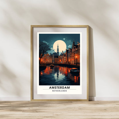 Impression Amsterdam | Poster de voyage Amsterdam | Voyage nocturne à Amsterdam