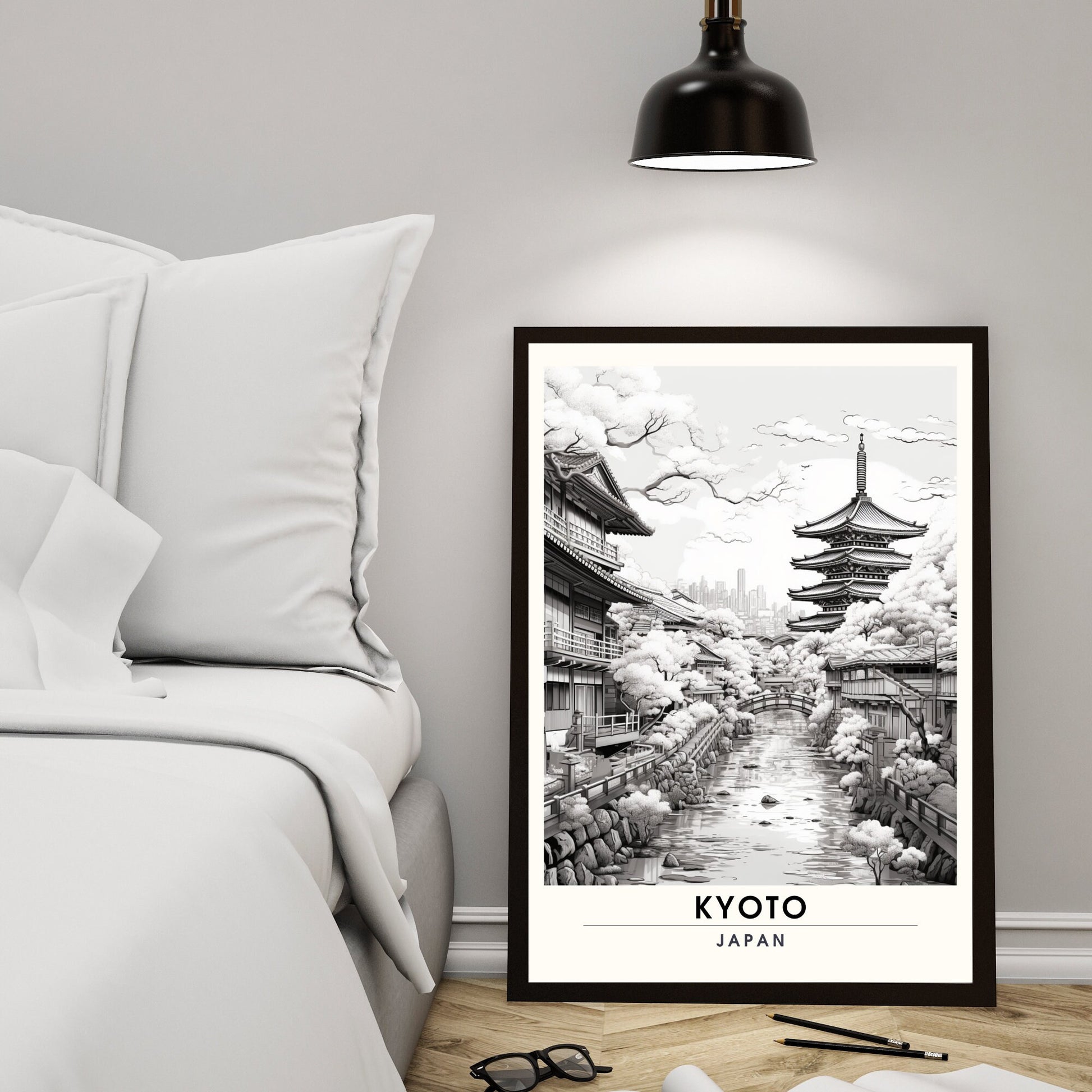 Impression Kyoto | Affiche de Voyage Kyoto | Impression Japon (Noir et Blanc)