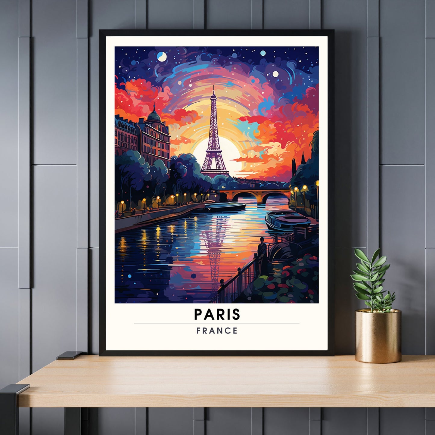 Impression Paris | Affiche Paris, France | Voyage nocturne à Paris | Affiche la Seine et la Tour Eiffel