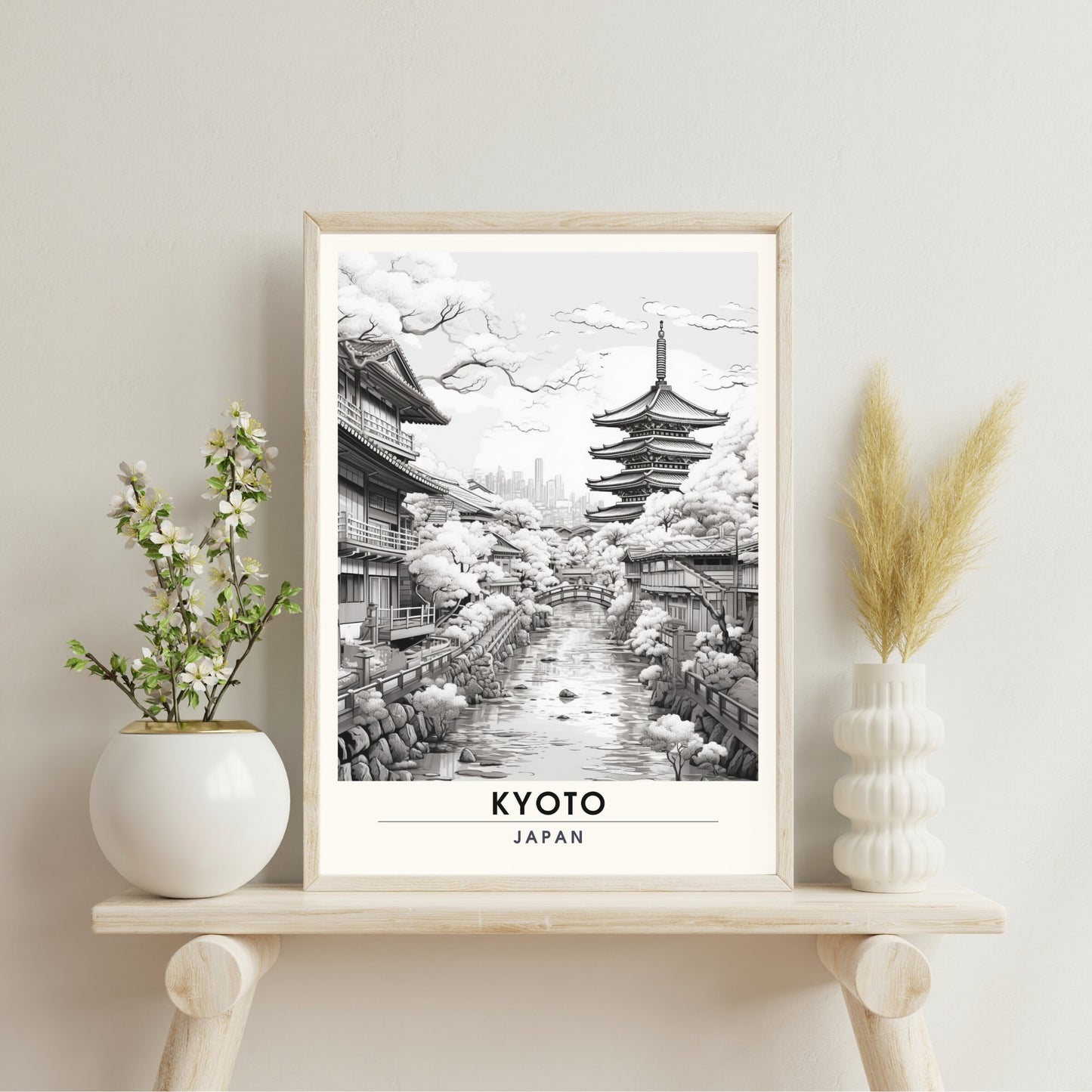 Impression Kyoto | Affiche de Voyage Kyoto | Impression Japon (Noir et Blanc)