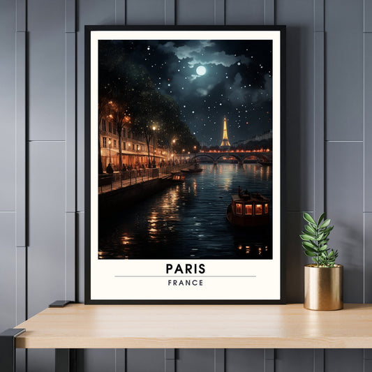 Impression Paris | Affiche de Voyage Paris | Voyage nocturne à Paris | Affiche la Seine et la Tour Eiffel