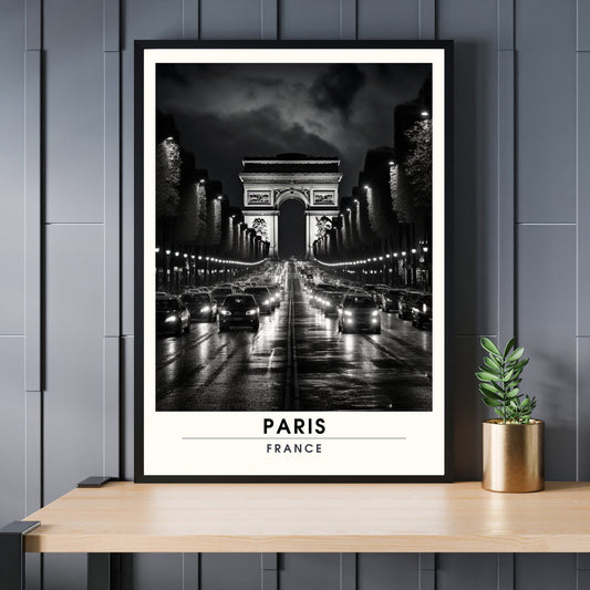 Impression Paris Champs Elysées | Impression de Voyage Paris Noir et Blanc | Voyage nocturne à Paris. Affiche noir et blanc