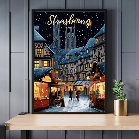 Affiche Strasbourg | Affiche de voyage Strasbourg Noël | Affiche Marché de Noël de Strasbourg | Strasbourg, France