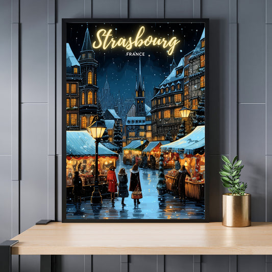 Affiche Strasbourg | Affiche de voyage Strasbourg Noël | Affiche Marché de Noël de Strasbourg | tirage d'art Strasbourg, France