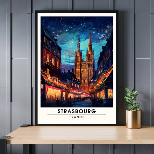 Affiche Strasbourg | Affiche de voyage Strasbourg Noël | Affiche Marché de Noël de Strasbourg | tirage d'art Strasbourg, France