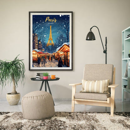 Affiche Paris | Affiche de voyage Paris Noël | Affiche Marché de Noël de Paris | tirage d'art Paris Tour Eiffel, France