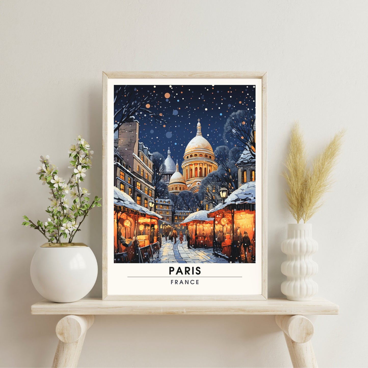 Affiche Paris Montmartre | Affiche de voyage Paris Noël | Affiche Marché de Noël de Paris | tirage d'art Montmartre