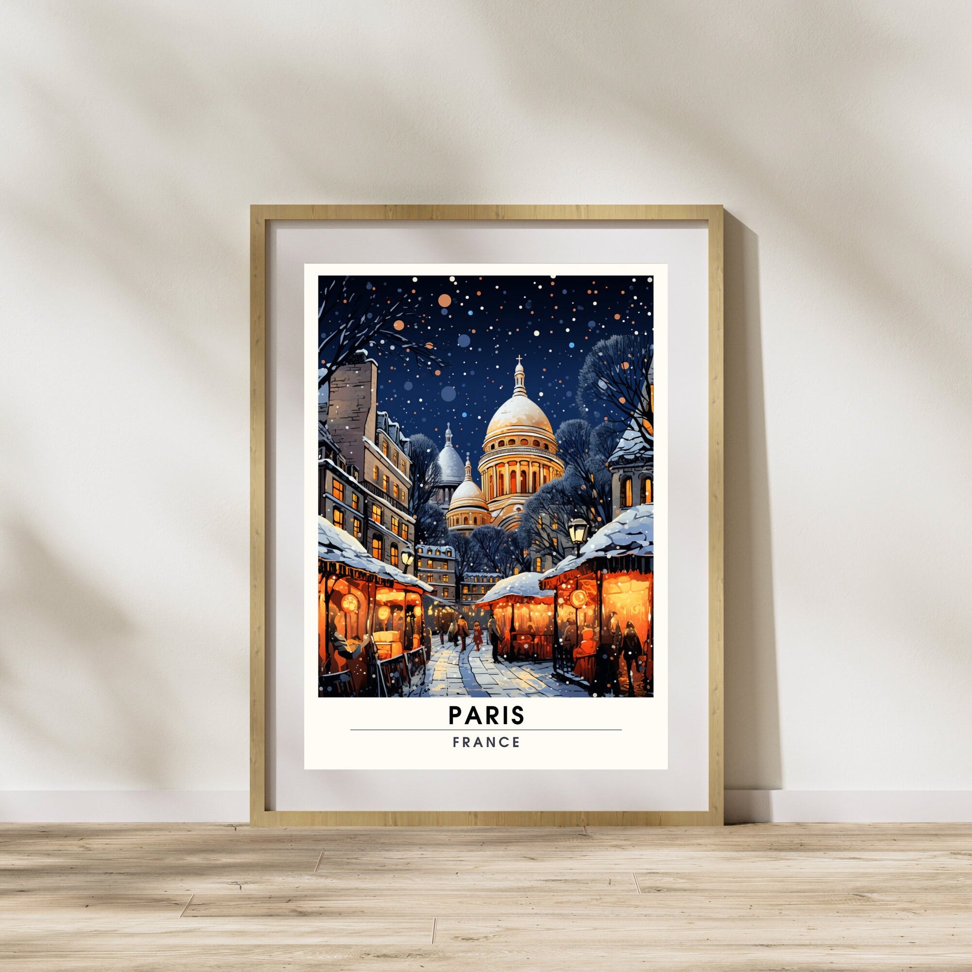 Affiche Paris Montmartre | Affiche de voyage Paris Noël | Affiche Marché de Noël de Paris | tirage d'art Montmartre