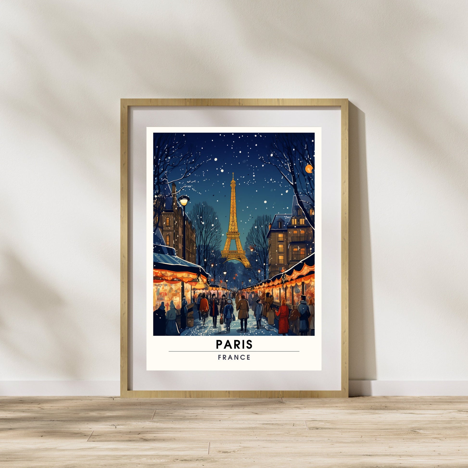 Impression Paris Tour Eiffel, France | Affiche de voyage Paris Noël | Affiche Marché de Noël de Paris | tirage d'art Paris