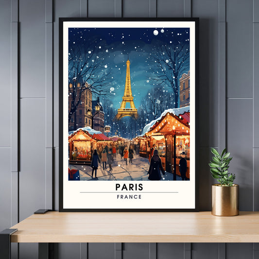 Impression Paris Tour Eiffel, France | Affiche de voyage Paris Noël | Affiche Marché de Noël de Paris | tirage d'art Paris