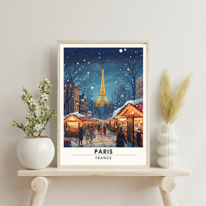 Impression Paris Tour Eiffel, France | Affiche de voyage Paris Noël | Affiche Marché de Noël de Paris | tirage d'art Paris