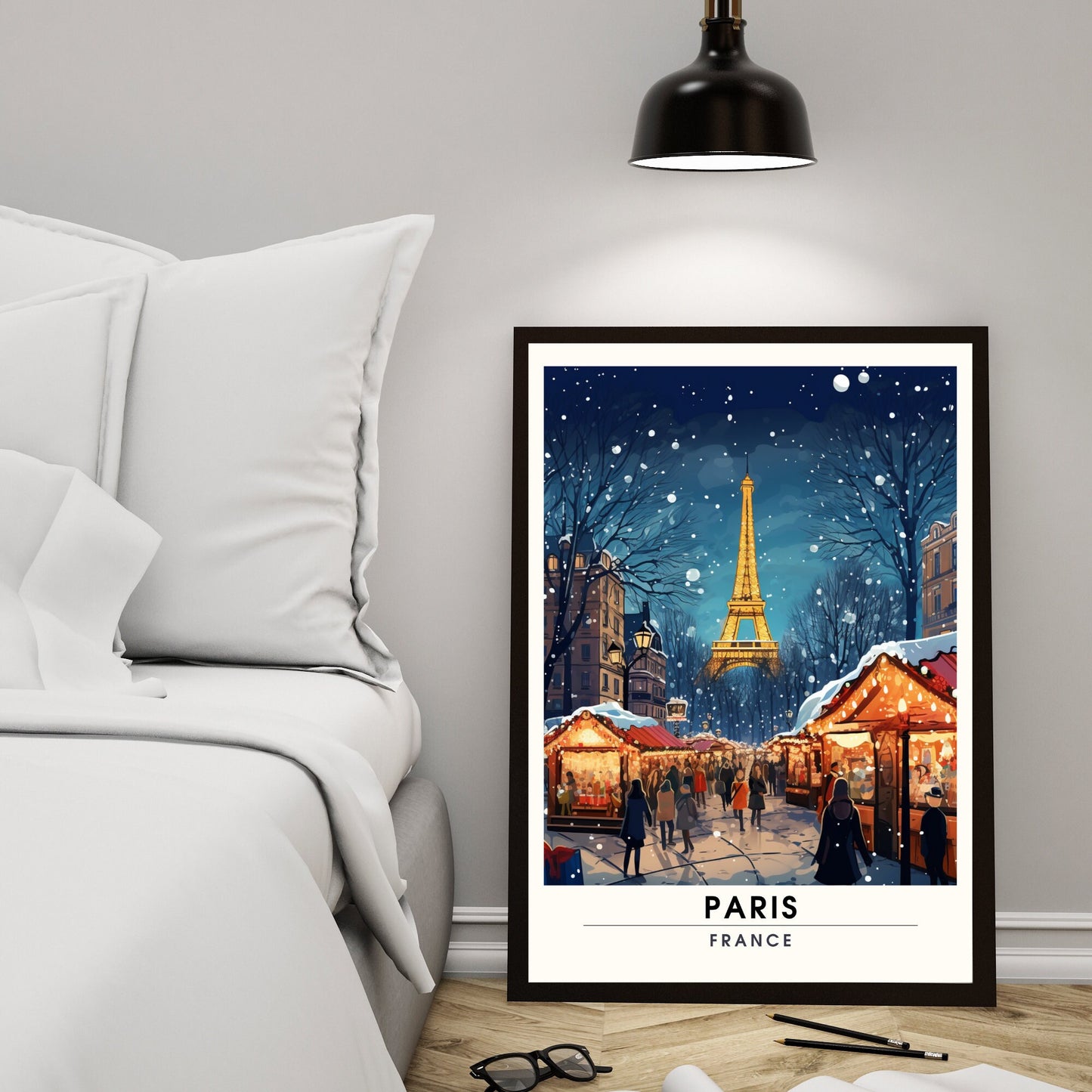 Impression Paris Tour Eiffel, France | Affiche de voyage Paris Noël | Affiche Marché de Noël de Paris | tirage d'art Paris