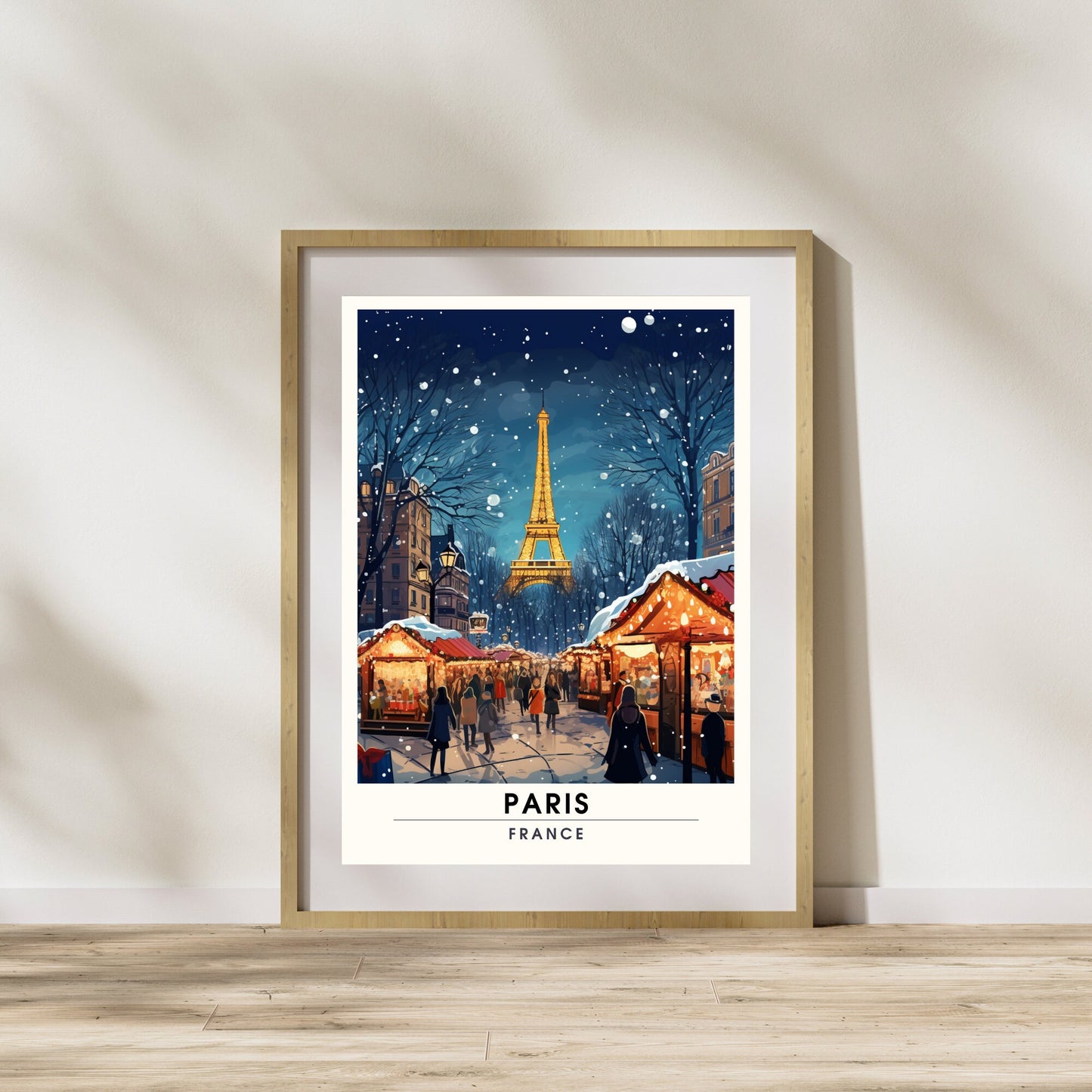 Impression Paris Tour Eiffel, France | Affiche de voyage Paris Noël | Affiche Marché de Noël de Paris | tirage d'art Paris